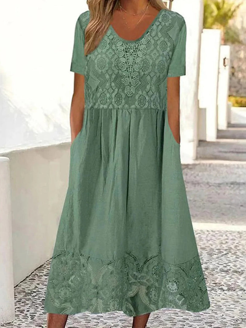Green V-neck Short Sleeve Side Pocket Midi Dress