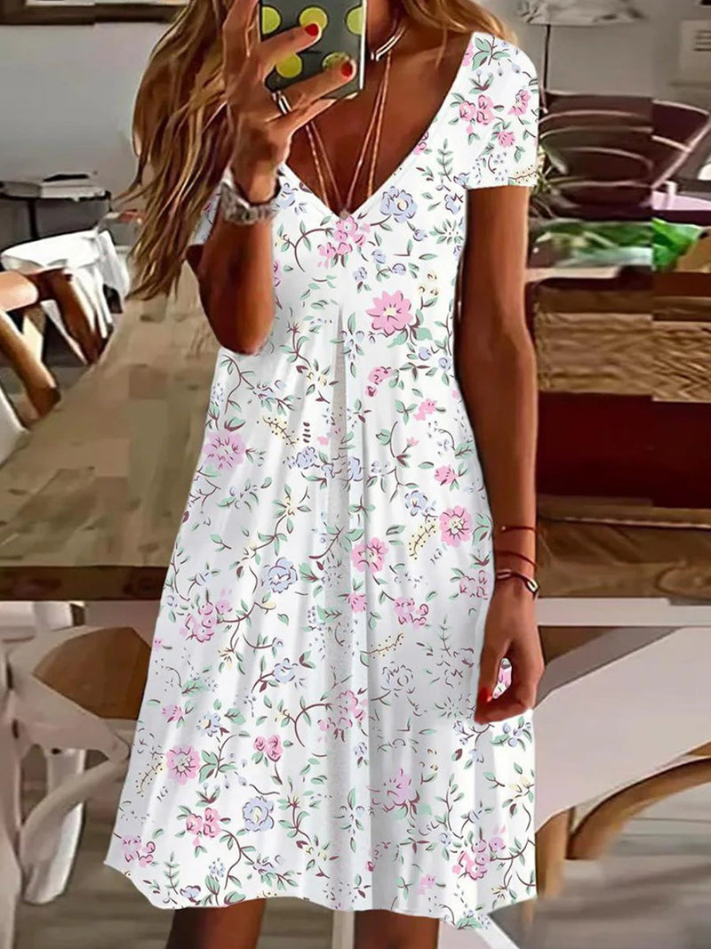 White Floral Print V-Neck Short Sleeve Mini Dress