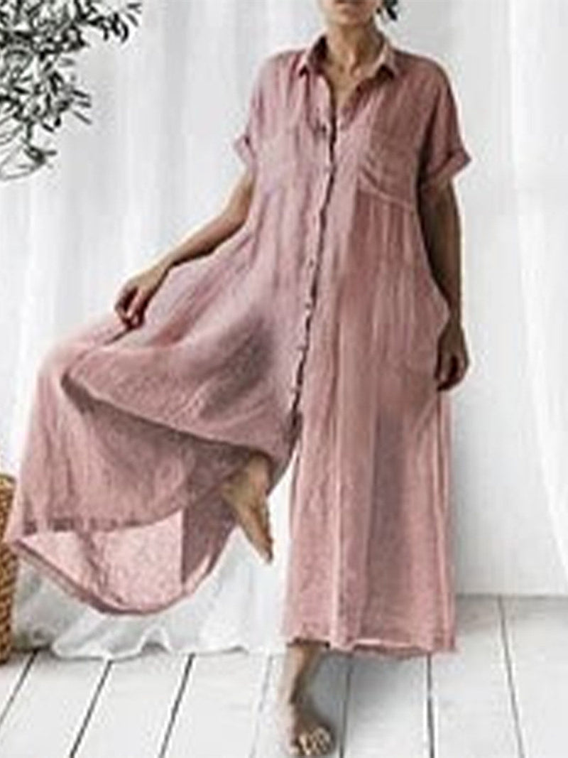 Casual Solid Linen Relaxed Lapel Jumpsuit for Women