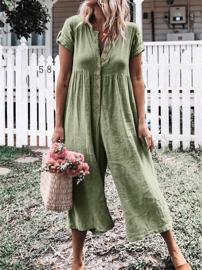 Casual Solid Button Wide Leg Short Sleeve Jumpsuit for Women