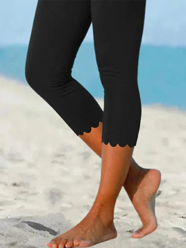 Women's High Waist Cropped Leggings with Scallop Edging