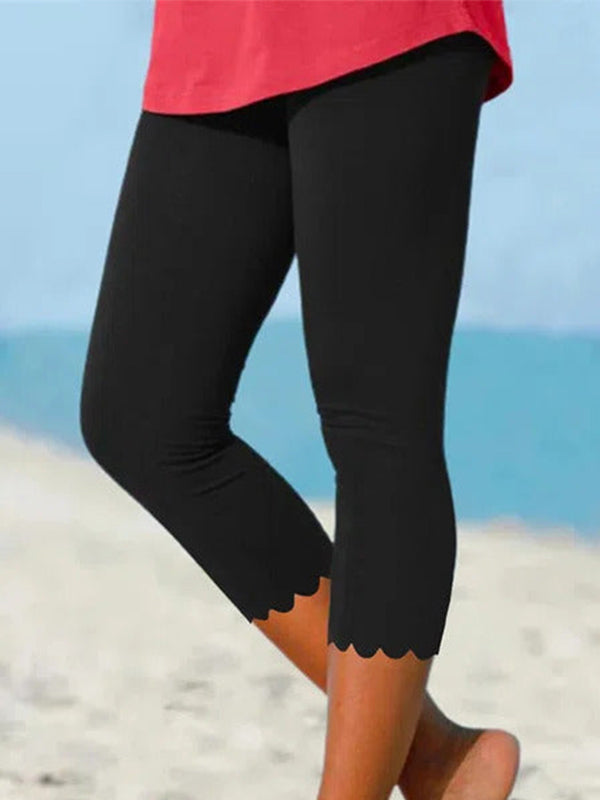 Women's High Waist Cropped Leggings with Scallop Edging