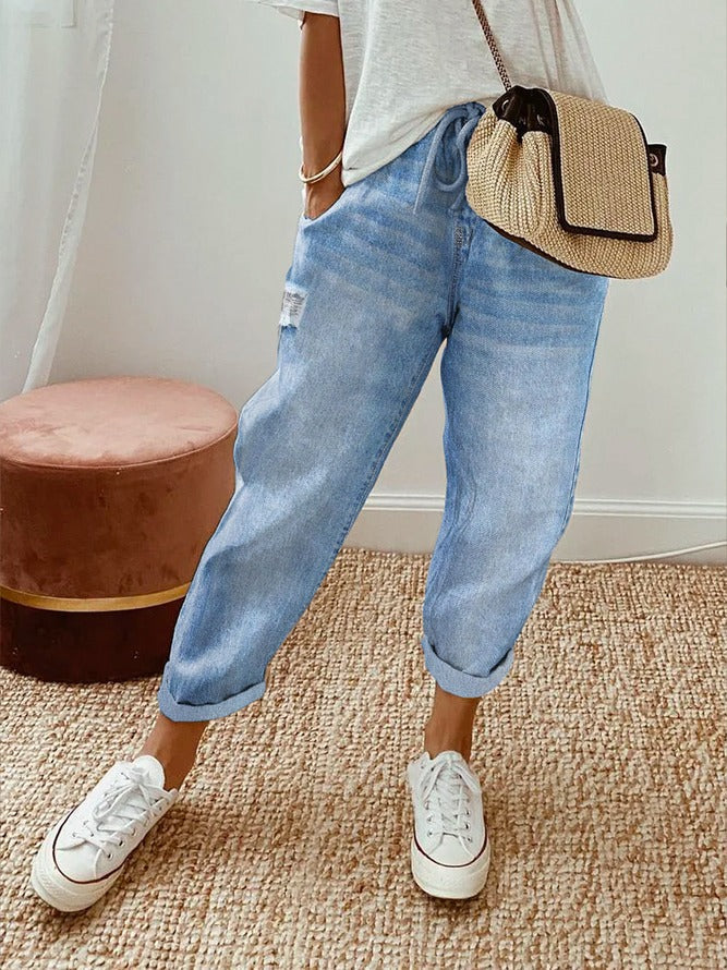 Trendy Blue Solid Ripped Pants