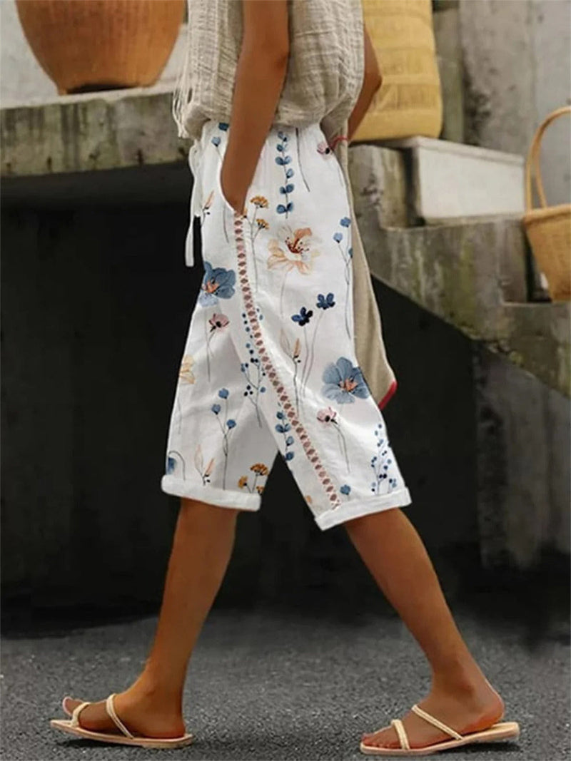 Casual White Floral Printed Drawstring Pants