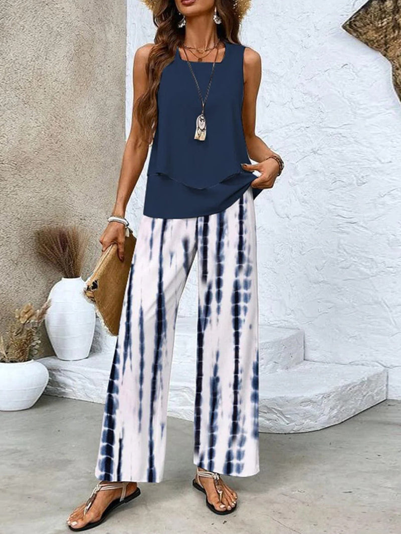 Dark Blue Square Neck Sleeveless Two Piece Set