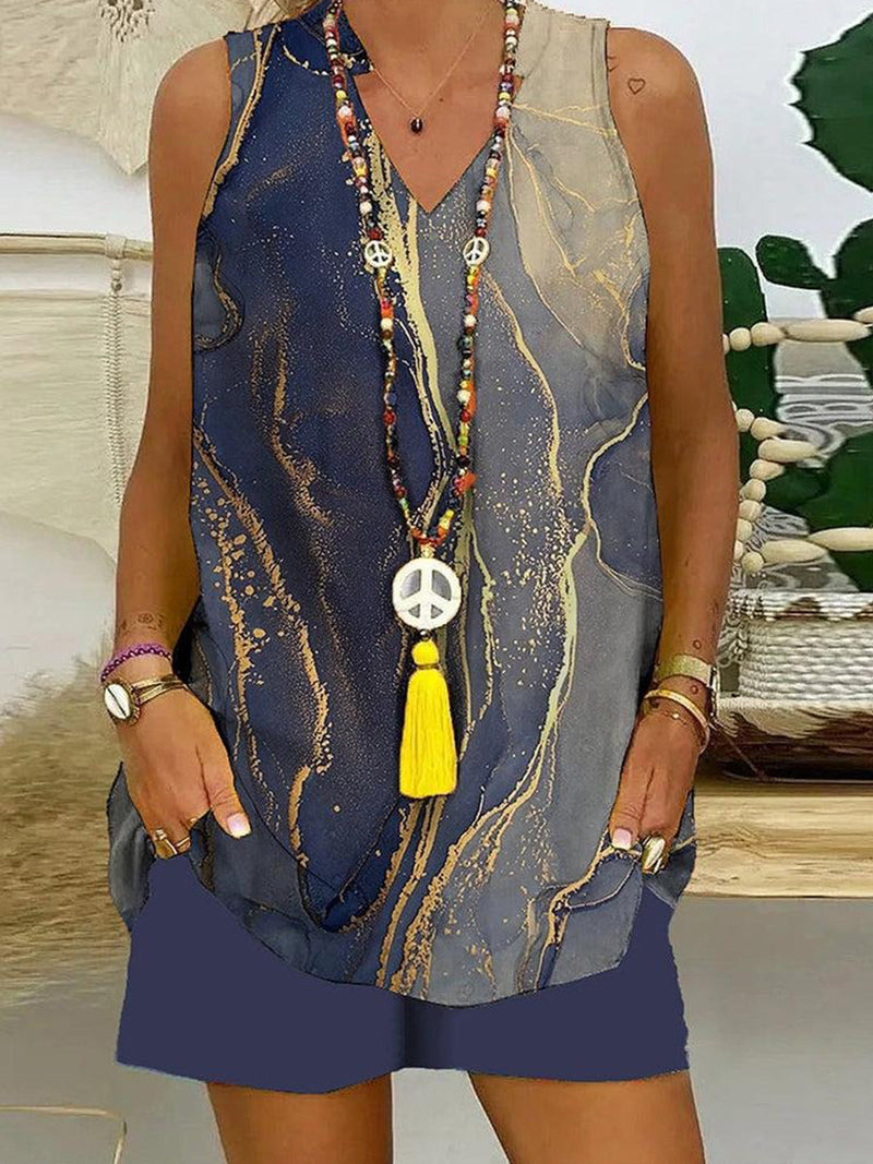 Women's Casual Sleeveless V-neck Marble Print Two-Piece Set