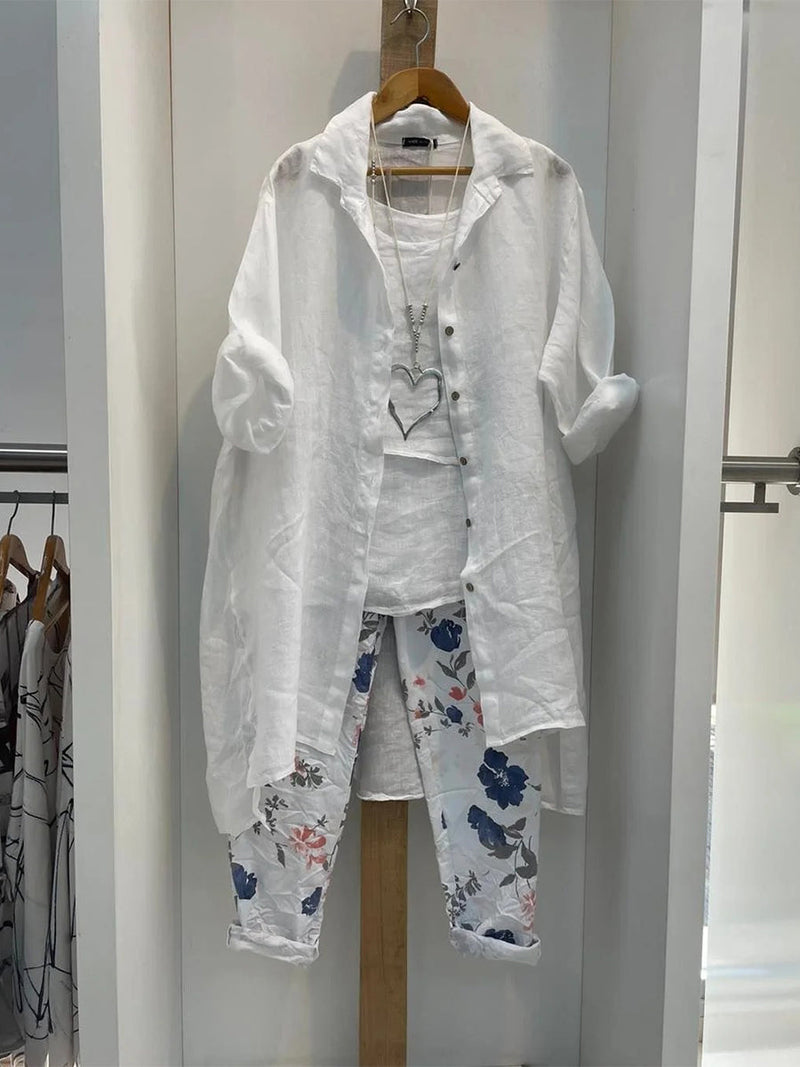 Plus Size White Tank Top Trouser Cardigan Three Piece Set