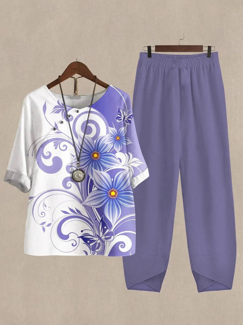 Casual Light Purple Round Neck Floral Printed Half Sleeve Two Piece Suit