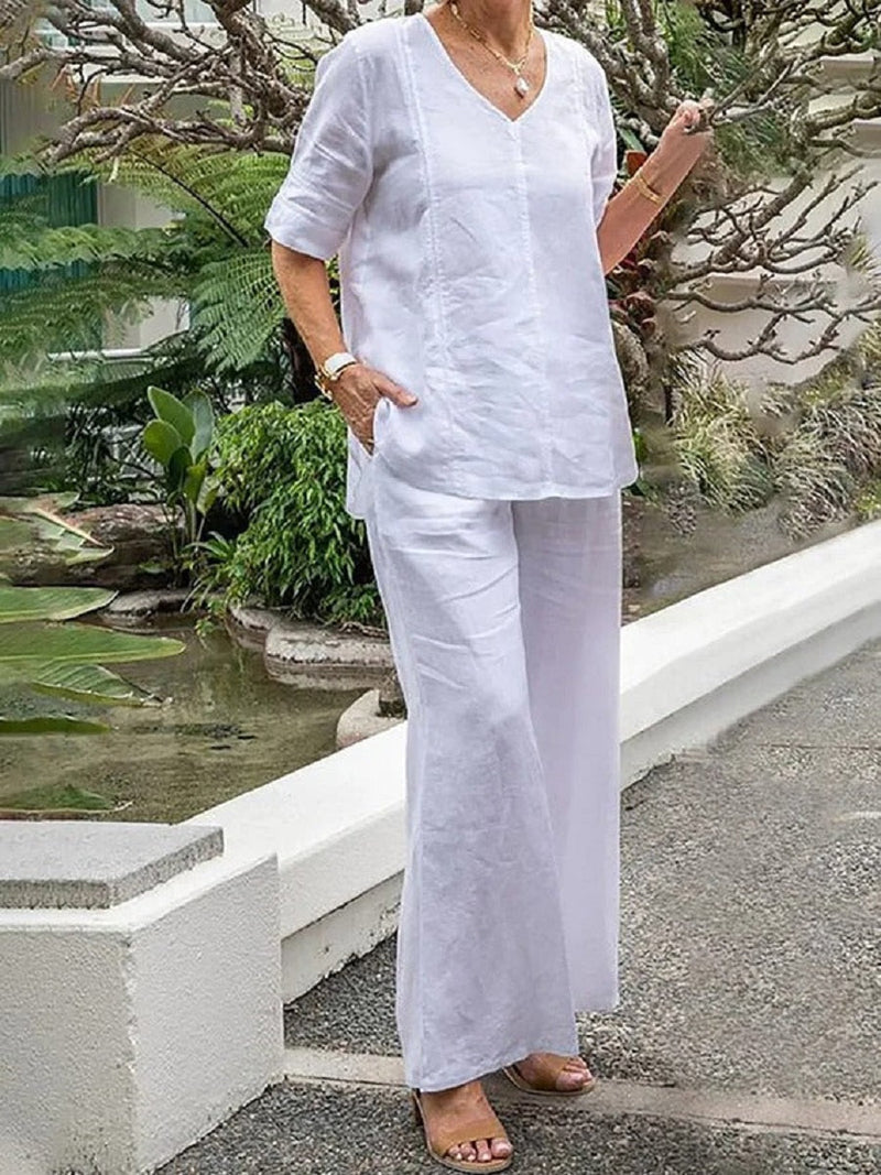 Classic White V Neck Solid Half Sleeve Two Piece Suit
