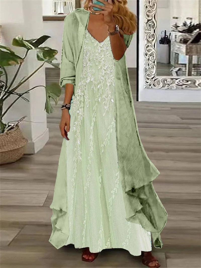Fresh Green Long Sleeve V-neck Floral Printed Two Pieces Maxi Dress